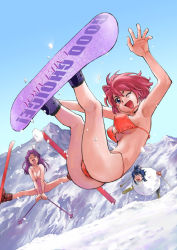 Rule 34 | 3girls, bikini, blue hair, boots, breasts, cleavage, day, closed eyes, long hair, medium breasts, mountain, multiple girls, nude, one eye closed, open mouth, original, outdoors, public indecency, public nudity, purple eyes, purple hair, red hair, saitani umetarou, short hair, skiing, skis, smile, snow, snowball, snowboard, spread legs, swimsuit, underboob, wink