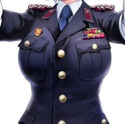 Rule 34 | 1girl, breast pocket, breasts, buttons, cowboy shot, epaulettes, gloves, head out of frame, large breasts, military, military rank insignia, military uniform, necktie, original, outstretched arms, pocket, samazuka mashiro, simple background, solo, uniform, white background, white gloves