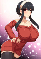 Rule 34 | 1girl, bare shoulders, black hair, black thighhighs, blush, breasts, cleavage, closed mouth, collarbone, cowboy shot, dress, dutch angle, earrings, gradient background, hairband, huge breasts, jewelry, large breasts, long sleeves, looking at viewer, outline, pink nails, purple background, red dress, red eyes, short hair with long locks, solo, spy x family, standing, sweater, sweater dress, thighhighs, virus-g, white outline, yor briar, zettai ryouiki