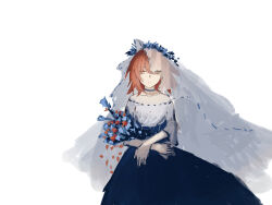 Rule 34 | 1girl, absurdres, alternate costume, blue choker, blue flower, blue skirt, bouquet, bridal veil, choker, closed mouth, cowboy shot, empty eyes, expressionless, fate/grand order, fate (series), flower, fujimaru ritsuka (female), hair between eyes, hair flower, hair ornament, highres, holding, holding bouquet, looking at viewer, medium hair, off-shoulder shirt, off shoulder, orange flower, orange hair, shirt, simple background, skirt, sleeves past elbows, solo, sprinkle star (sa xing), straight-on, veil, white background, white shirt, yellow eyes