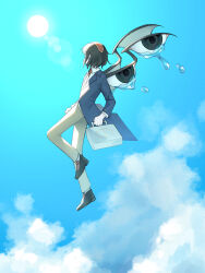 1other androgynous blazer blue_jacket blue_sky brown_hair brown_pants brown_shoes business_suit buttons cloud coattails collared_jacket collared_shirt commentary crying day dress_shoes eye_of_senri floating_clothes flying formal_clothes full_body headgear highres jacket kokutenshi_hibaru lapels layered_sleeves len&#039;en long_sleeves necktie notched_lapels other_focus outdoors pants re1re133 red_necktie shirt shoes short_hair sky socks solo suit sun sunlight teardrop white_shirt white_socks wings