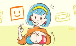 Rule 34 | 1girl, amelia n, blue hair, blush, breasts, cleavage, clothes lift, hairband, microphone, nintendo, nintendo switch, shirt lift, solo, squidapple