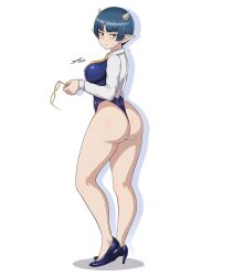 Rule 34 | 1girl, absurdres, ass, blue hair, breasts, demon girl, demon horns, feet, glasses, green eyes, heels, highres, horns, huge ass, large breasts, legs, looking at viewer, lv1 maou to one room yuusha, necktie, one-piece swimsuit, short hair, sideboob, solo, swimsuit, thick thighs, thighs, wedgie, zenia (lv1 maou to one room yuusha)