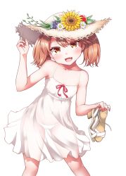 Rule 34 | 10s, 1girl, :d, bare arms, blush, breasts, brown eyes, brown hair, cleavage, collarbone, commentary request, dress, fang, flower, hat, hat flower, high heels, holding, holding shoes, kantai collection, kirigakure (kirigakure tantei jimusho), long hair, looking at viewer, open mouth, panties, ryuujou (kancolle), see-through, see-through silhouette, shoes, unworn shoes, simple background, sleeveless, sleeveless dress, small breasts, smile, solo, spaghetti strap, sun hat, sundress, sunflower, twintails, underwear, white background, white dress