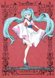 Rule 34 | 1girl, ahoge, aqua eyes, aqua hair, blush, dress, floating hair, full body, hair between eyes, hatsune miku, highres, long hair, looking at viewer, open mouth, red background, sailor dress, shoes, shouga (syouronron), skirt hold, solo, standing, standing on one leg, twintails, very long hair, vocaloid, white dress