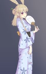 Rule 34 | 1girl, :o, alternate costume, alternate hairstyle, blonde hair, blush, commentary request, elfenlied22, fate/grand order, fate (series), floral print, grey background, hair bun, hair ornament, hair stick, hand fan, head wings, highres, holding, holding fan, japanese clothes, kimono, long hair, looking at viewer, print kimono, red eyes, simple background, single hair bun, solo, thrud (fate), valkyrie (fate), wide sleeves, wings, yukata