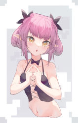 Rule 34 | 1girl, :o, black necktie, black ribbon, blunt bangs, bottomless, bow, breasts, collarbone, grey background, hair ribbon, highres, mishuo (misuo69421), navel, necktie, original, pink hair, pointy ears, ribbon, simple background, small breasts, solo, two-tone background, white background, yellow eyes