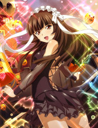 Rule 34 | 1girl, :d, backless outfit, black shirt, blunt bangs, bow, brown eyes, brown hair, detached sleeves, floating hair, grey skirt, grey sleeves, hair bow, hair ribbon, halloween costume, ikkitousen, layered skirt, long hair, long sleeves, looking at viewer, miniskirt, open mouth, ribbon, see-through, see-through sleeves, shirt, skirt, smile, solo, standing, ten&#039;i (ikkitousen), very long hair, white bow, white ribbon