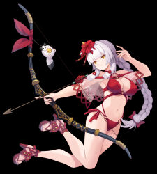 Rule 34 | 1girl, absurdres, arrow (projectile), bikini, black background, black survival, bow (weapon), braid, braided ponytail, breasts, carritor, cleavage, eternal return: black survival, flower, full body, hair flower, hair ornament, highres, holding, holding bow (weapon), holding weapon, large breasts, long hair, minami rio, nail polish, navel, official alternate costume, red bikini, sandals, simple background, solo, swimsuit, toes, weapon, white hair, yellow eyes