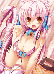Rule 34 | 1girl, :d, animal ears, bare shoulders, bell, bikini, breasts, cat ears, cat tail, cleavage, covered erect nipples, dengeki moeou, detached collar, fang, hair ribbon, hanging breasts, highres, jingle bell, large breasts, long hair, looking at viewer, open mouth, orange eyes, original, paw pose, pink hair, ribbon, shia flatpaddy, side-tie bikini bottom, smile, solo, swimsuit, syroh, tail, tail ornament, tail ribbon, thighhighs, twintails, two side up, untied bikini, very long hair, white thighhighs