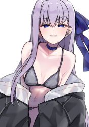 Rule 34 | 1girl, akitokage, bare shoulders, bikini, black bikini, black jacket, blue eyes, blue ribbon, blush, breasts, choker, collarbone, commentary request, eyelashes, fate/extra, fate/extra ccc, fate/grand order, fate (series), grin, hair between eyes, hair ribbon, jacket, leaning forward, long hair, long sleeves, looking at viewer, meltryllis, meltryllis (fate), meltryllis (swimsuit lancer) (fate), meltryllis (swimsuit lancer) (first ascension) (fate), navel, off shoulder, parka, purple hair, ribbon, sleeves past fingers, sleeves past wrists, small breasts, smile, solo, swimsuit, very long hair, white background