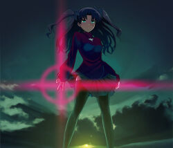 Rule 34 | 1girl, arms at sides, between fingers, black hair, black skirt, black thighhighs, breasts, closed mouth, commentary request, fate/stay night, fate (series), feet out of frame, gem, glint, green eyes, holding, holding gem, legs apart, long hair, medium breasts, miniskirt, pleated skirt, red sweater, shiroyukimajima, skirt, solo, standing, sweater, thighhighs, tohsaka rin, turtleneck, turtleneck sweater, two side up, v