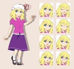 Rule 34 | 1girl, 4rion, absurdres, black footwear, blonde hair, blouse, blue eyes, blush, breasts, closed eyes, closed mouth, commentary request, expressions, frilled shirt, frills, full body, grey background, hat, hat ribbon, highres, maribel hearn, mary janes, medium hair, mob cap, multiple views, open mouth, purple shirt, purple skirt, ribbon, shirt, shoes, simple background, skirt, small breasts, socks, standing, taboo japan disentanglement, tachi-e, touhou, white hat, white socks