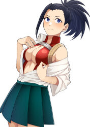 Rule 34 | 1girl, absurdres, black eyes, black hair, boku no hero academia, breasts, cleavage, closed mouth, commentary request, green skirt, highres, kobaji, large breasts, leotard, medium hair, partial commentary, pleated skirt, ponytail, red leotard, school uniform, shirt, simple background, skirt, solo, u.a. school uniform, undressing, white background, white shirt, yaoyorozu momo