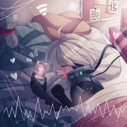 Rule 34 | absurdres, ahoge, android, armor, bed, cable, cheer (cheerpuppy14), closed eyes, computer, danganronpa (series), danganronpa v3: killing harmony, energy, english text, heart, heartbeat, highres, k1-b0, laptop, lying, on side, open mouth, phone, pillow, power armor, profile, sleeping, stuffed animal, stuffed mouse, stuffed toy, translation request