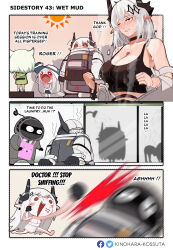 Rule 34 | 1other, 3girls, 3koma, ambiguous gender, animal ears, arknights, armor, black gloves, black horns, black tank top, blood, breasts, cat ears, cleavage, comic, commentary, crop top, doctor (arknights), english commentary, english text, gloves, green hair, highres, horns, kal&#039;tsit (arknights), kinohara kossuta, large breasts, motion blur, mudrock (arknights), multiple girls, open mouth, pointy ears, punching, red eyes, showering, skadi (arknights), skadi (waverider) (arknights), sun, sweat, tank top, white hair
