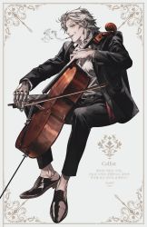 Rule 34 | 1boy, absurdres, belt, black jacket, black pants, blouse, brown footwear, buttoned cuffs, buttons, cello, cigarette, collar, collared shirt, ena (enaa97), formal, full body, grey hair, highres, instrument, jacket, long sleeves, male focus, mechanical arms, music, original, pants, playing instrument, shirt, short hair, single mechanical arm, sitting, smoke, smoking, solo, suit, white shirt