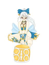 Rule 34 | 1girl, blush, bow, bra, feet, hammer, meru (dragoon), naughty face, navel, ponytail, red eyes, ribbon, silver hair, sitting, solo, the legend of dragoon, thighs, toes, underwear, weapon, wingly