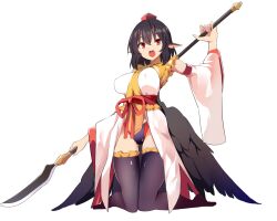 1girl 2a2hs :d animal_ears bird_ears bird_wings black_hair black_panties black_thighhighs black_wings commentary_request detached_sleeves feathered_wings frilled_thighhighs frills hat japanese_clothes kimono kneeling no_shoes open_mouth panties red_eyes red_hat red_sash sash shameimaru_aya smile solo thighhighs tokin_hat touhou underwear upper_body white_kimono white_sleeves wide_sleeves wings