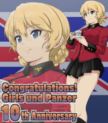 Rule 34 | 1girl, anniversary, black footwear, black skirt, blonde hair, blue eyes, boots, braid, closed mouth, commentary request, congratulations, copyright name, cup, darjeeling (girls und panzer), english text, flag background, girls und panzer, highres, holding, holding cup, holding saucer, jacket, knee boots, long sleeves, looking to the side, military uniform, miniskirt, partial commentary, pleated skirt, red jacket, saucer, short hair, skirt, smile, solo, st. gloriana&#039;s military uniform, standing, teacup, twin braids, uniform, union jack, yoyokkun, zoom layer