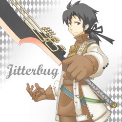 Rule 34 | 1boy, argyle, argyle background, argyle clothes, black hair, brown eyes, character name, gloves, jitterbug (trusty bell), male focus, piza poteto, ponytail, solo, sword, trusty bell, weapon