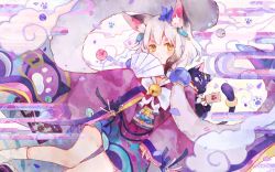 Rule 34 | 1girl, animal ears, artist request, bad id, bad tumblr id, black hair, cat ears, cat girl, cat tail, fan over face, hand fan, highres, japanese clothes, kimono, looking at viewer, multicolored hair, nekomata (onmyoji), official art, onmyoji, second-party source, smile, tail, white background, white hair, yellow eyes