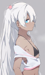 Rule 34 | 1girl, bare shoulders, bikini, black bikini, blush, closed mouth, collarbone, crop top, dark-skinned female, dark skin, expressionless, flat chest, from side, grey background, hair between eyes, kasshoku-chan (katuo1129), long hair, looking at viewer, looking to the side, off shoulder, original, sideways glance, simple background, solo, swimsuit, twintails, unimon e, upper body, very long hair