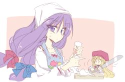Rule 34 | &gt;:), 1girl, :/, alternate costume, alternate headwear, apron, beret, blonde hair, bow, butter knife, cake, food, hair bow, hat, head scarf, icing, knife, long hair, looking at viewer, patchouli knowledge, pink background, purple eyes, purple hair, satou kibi, shanghai doll, simple background, sketch, sweatdrop, touhou, upper body, v-shaped eyebrows, white background, | |
