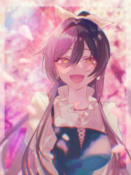 Rule 34 | 1girl, black hair, border, breasts, cherry blossoms, earrings, hair between eyes, high ponytail, highres, idolmaster, idolmaster shiny colors, jewelry, large breasts, long hair, looking at viewer, open mouth, outdoors, paddy field, shirase sakuya, smile, solo, transparent border, upper body, yellow eyes