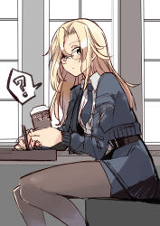 Rule 34 | 1girl, absurdres, belt, bespectacled, black belt, black jacket, black necktie, black pantyhose, black skirt, blonde hair, bomber jacket, breasts, coffee cup, cup, disposable cup, dress shirt, glasses, highres, hornet (kancolle), jacket, kantai collection, large breasts, long hair, looking at viewer, necktie, one eye closed, pantyhose, pen, pencil skirt, shirt, sitting, skirt, solo, takamachiya, tumbler, white shirt, yellow eyes