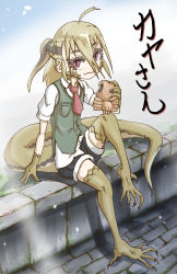 Rule 34 | 1girl, absurdres, blonde hair, borrowed character, claws, eating, female focus, food, highres, lizard tail, monster girl, natsuki rider, necktie, original, short shorts, shorts, sitting, solo, tail, vest, wavy mouth