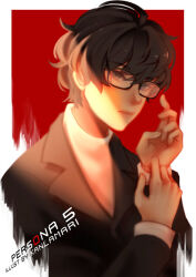 Rule 34 | 1boy, amamiya ren, artist name, black-framed eyewear, black eyes, black hair, black jacket, border, collared jacket, commentary, copyright name, empty eyes, english commentary, english text, fingernails, glasses, jacket, kanlamari, layered sleeves, long sleeves, looking at viewer, male focus, messy hair, persona, persona 5, pulling own clothes, red background, shirt, short hair, sleeve pull, solo, turtleneck, two-tone background, upper body, watermark, white background, white border, white shirt