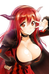 Rule 34 | 10s, 1girl, blush, breasts, choker, cleavage, demon girl, dress, hand on own hip, highres, horns, huge breasts, long hair, looking at viewer, maou (maoyuu), maoyuu maou yuusha, okitakung, red eyes, red hair, simple background, smile, solo, v, v over eye, white background