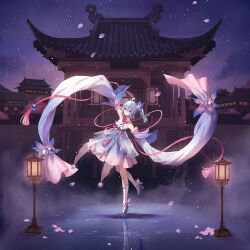 Rule 34 | 1girl, ahoge, architecture, arm up, bell, bili girl 33, bilibili, blue dress, blue hair, boots, carminar, chinese clothes, detached sleeves, dress, east asian architecture, highres, lantern, long hair, looking at viewer, night, night sky, outdoors, sky, solo, standing, standing on one leg, star (sky), starry sky, very long hair, white footwear, wide sleeves, yellow eyes