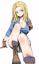 Rule 34 | 1girl, anne (sand land), blonde hair, blue shirt, boots, braid, breasts, cleavage, gloves, green eyes, legs, long hair, long sleeves, relaxjon, sand land, shirt, shorts, simple background, sitting, solo, white background