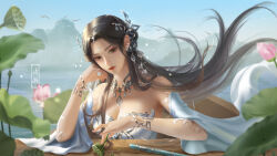 Rule 34 | 1girl, absurdres, artist request, bare shoulders, bird, blue sky, breasts, detached sleeves, dress, earrings, facial mark, floating hair, flying, forehead mark, hand on own face, highres, holding, holding plant, jewelry, looking down, lotus root, medium breasts, mountain, necklace, plant, second-party source, sky, solo, table, upper body, wanmei shijie, water, white dress, yue chan (wanmei shijie)