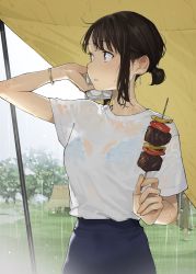 Rule 34 | 1girl, blue bra, blue skirt, bra, bra visible through clothes, bracelet, brown eyes, brown hair, commentary request, douki-chan (douki-chan), earrings, ganbare douki-chan, highres, jewelry, looking away, looking to the side, outdoors, parted lips, rain, shirt, short sleeves, sidelocks, skewer, skirt, solo focus, underwear, wet, wet clothes, wet hair, wet shirt, white shirt, yomu (sgt epper)