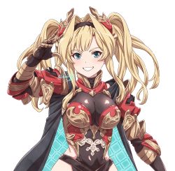 Rule 34 | 1girl, armor, blonde hair, blush, breasts, character request, copyright request, cowboy shot, eyebrows, fuusuke (fusuke208), granblue fantasy, hair intakes, highres, large breasts, smile, solo, twitter username, two side up, upper body, white background, zeta (granblue fantasy)