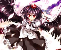 Rule 34 | 1girl, arms behind back, bad id, bad pixiv id, black dress, dress, female focus, fuepo, gradient background, hat, red eyes, shameimaru aya, shirt, smile, solo, touhou, white background, white shirt, wings