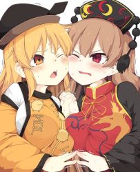 Rule 34 | 2girls, black dress, black hat, blonde hair, blush, breast press, breasts, brown hair, cheek-to-cheek, commentary request, crescent, dress, hair between eyes, hat, heads together, holding, holding hands, interlocked fingers, junko (touhou), large breasts, lolimate, long hair, long sleeves, matara okina, multiple girls, one eye closed, open mouth, orange eyes, red eyes, simple background, sweat, tabard, tassel, touhou, trembling, upper body, white background, wide sleeves