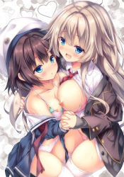 Rule 34 | 2girls, :d, :o, asymmetrical docking, beret, between breasts, blue dress, blue eyes, blush, bra, bra pull, breast press, breasts, brown hair, brown jacket, cardigan, clothes pull, collared shirt, commentary request, dress, dress shirt, fingernails, grey cardigan, hair between eyes, hat, heart, holding hands, interlocked fingers, jacket, large breasts, light brown hair, long hair, long sleeves, multiple girls, nipples, off shoulder, open cardigan, open clothes, open dress, open jacket, open mouth, open shirt, original, panties, parted lips, pink bra, pink panties, red neckwear, ryo (botugo), sailor collar, sailor dress, shirt, skindentation, sleeves past wrists, small breasts, smile, thighhighs, underwear, very long hair, white bra, white headwear, white legwear, white panties, white sailor collar, white shirt, yuri