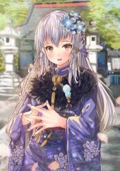 Rule 34 | 1girl, :d, blue archive, blue kimono, braid, commission, cosplay, fire emblem, fire emblem: three houses, fur collar, fuussu (21-kazin), hair between eyes, hair ornament, haruna (blue archive), haruna (blue archive) (cosplay), haruna (new year) (blue archive), japanese clothes, kimono, long hair, long sleeves, looking at viewer, lysithea von ordelia, nintendo, open mouth, orange eyes, side braid, skeb commission, smile, solo, steepled fingers, teeth, upper teeth only, white hair, wide sleeves