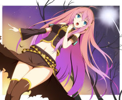 Rule 34 | 1girl, ahoge, asymmetrical clothes, blue eyes, breasts, detached sleeves, long hair, megurine luka, midriff, petals, pink hair, side slit, solo, star (symbol), thighhighs, tree, very long hair, violetshit, vocaloid, zettai ryouiki