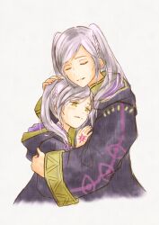 2girls aged_down black_robe blush braid breasts child closed_eyes comforting commentary_request crying crying_with_eyes_open dual_persona fire_emblem fire_emblem_awakening fire_emblem_heroes hand_on_another&#039;s_head highres hooded_robe hug long_hair long_sleeves motherly moverabbit0305 multiple_girls nintendo robe robin_(female)_(child)_(fire_emblem) robin_(female)_(fire_emblem) robin_(fire_emblem) simple_background tears time_paradox twintails white_background white_hair wide_sleeves yellow_eyes