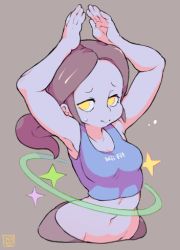 Rule 34 | 1girl, armpits, arms up, artist name, black pants, blue shirt, blue skin, blush, breasts, brown hair, closed mouth, clothes writing, collarbone, colored skin, copyright name, crop top, cropped torso, english text, female focus, forehead, grey background, groin, half-closed eyes, hoop, hula hoop, light blush, long hair, lowres, medium breasts, midriff, navel, nintendo, pants, ponytail, shirt, signature, simple background, sleeveless, sleeveless shirt, solo, sparkle, standing, starmilk, stomach, sweat, wide hips, wii fit, wii fit trainer, wii fit trainer (female), yellow eyes