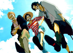 Rule 34 | 3boys, brothers, highres, male focus, monkey d. luffy, multiple boys, one piece, portgas d. ace, sabo (one piece), shirt, siblings, sky, smile, striped clothes, striped shirt
