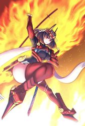 Rule 34 | 1girl, absurdres, armor, arms up, artist request, black hair, bodysuit, breasts, commentary request, doujigiri yasutsuna, fire, frown, full body, headgear, highres, katana, medium breasts, red eyes, red thighhighs, sheath, short hair, solo, sword, tenka hyakken, thighhighs, weapon
