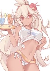Rule 34 | &gt;:), 10s, ahoge, bikini, bikini bottom only, breasts, clenched hand, cocktail, contrapposto, cowboy shot, crazy straw, cup, dark-skinned female, dark skin, drinking glass, drinking straw, flower, granblue fantasy, hair flower, hair ornament, hibiscus, holding, holding tray, kanachirou, long hair, looking at viewer, medium breasts, midriff, mole, mole under eye, navel, red eyes, shirt, simple background, sleeveless, sleeveless shirt, smile, solo, standing, string bikini, swimsuit, tan, tank top, tied shirt, tray, v-shaped eyebrows, very long hair, w arms, white background, white hair, zooey (granblue fantasy)