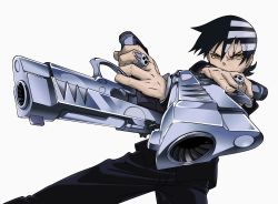 Rule 34 | 00s, 1girl, androgynous, black hair, death the kid, dual wielding, extraction, foreshortening, gangsta hold, gun, handgun, highres, holding, official art, solo, soul eater, trigger discipline, upside-down, weapon, white background, yellow eyes