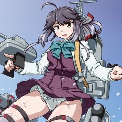 Rule 34 | 1girl, 547th sy, adapted turret, ahoge, black hair, blue neckwear, cannon, cowboy shot, dress, gradient background, grey thighhighs, hair ribbon, hayanami (kancolle), highres, kantai collection, long sleeves, machinery, panties, pleated dress, ponytail, purple dress, ribbon, school uniform, shirt, short hair, sidelocks, solo, thighhighs, turret, underwear, white panties, white ribbon, white shirt, yellow eyes
